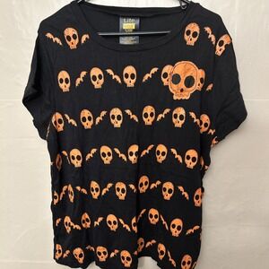 Lite Wear Women 18W Black Cap Sleeve Orange Skull Halloween Bat Top